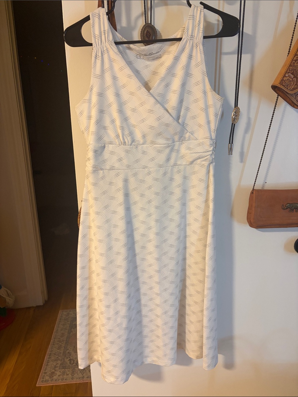 Eddie Bauer White Midi Dress with Subtle Blue Wave Pattern